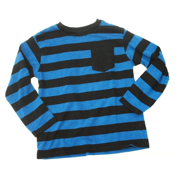 BOYS 6 LONG SLEEVE TEE BLUE BLACK WIDE STRIPE SHIRT SCHOOL VACAY COOL KID - Picture 1 of 4